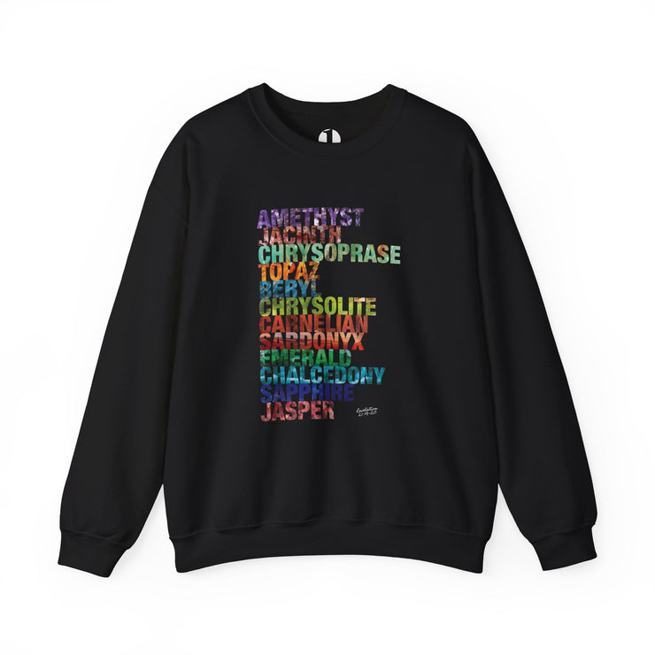 Black crewneck sweatshirt with Celestial City Gemstones design based on Revelation 21:19–20