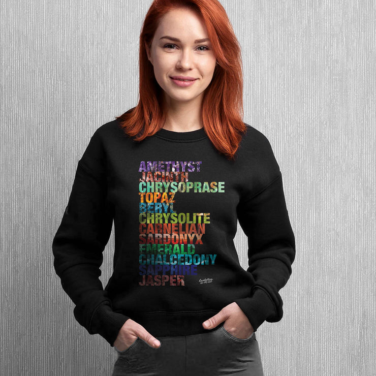 Black crewneck sweatshirt with Celestial City Gemstones design based on Revelation 21:19–20