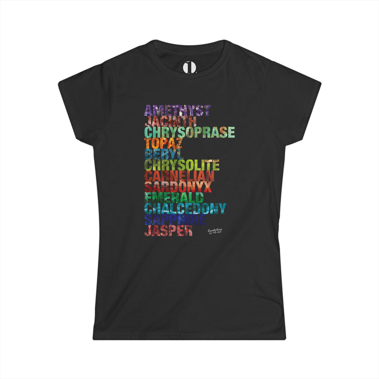 Black softstyle t-shirt with Celestial City Gemstones design based on Revelation 21:19–20