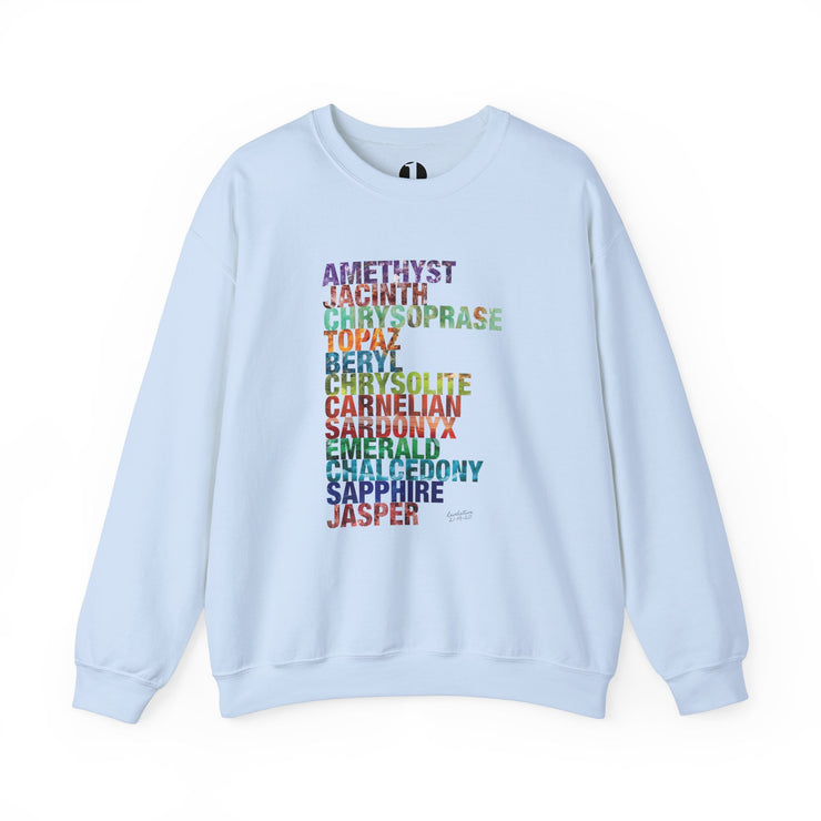 Light blue crewneck sweatshirt with Celestial City Gemstones design based on Revelation 21:19–20