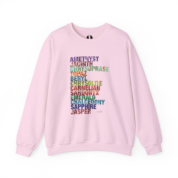 Light pink crewneck sweatshirt with Celestial City Gemstones design based on Revelation 21:19–20