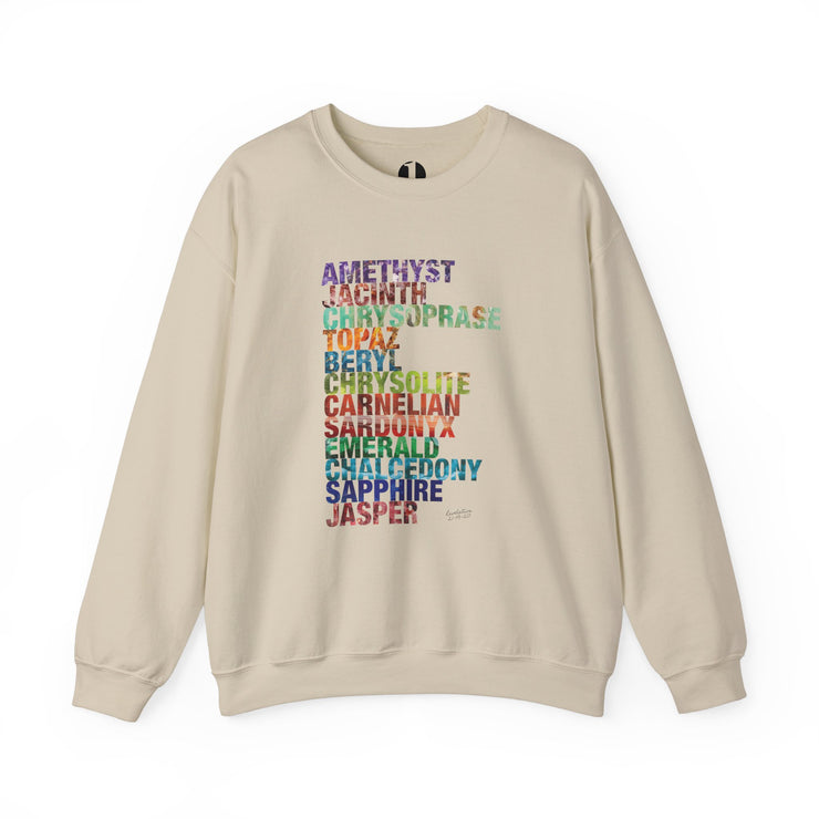 Sand crewneck sweatshirt with Celestial City Gemstones design based on Revelation 21:19–20