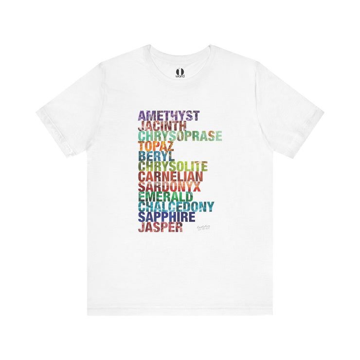 White t-shirt with colorful gemstone names on a white background