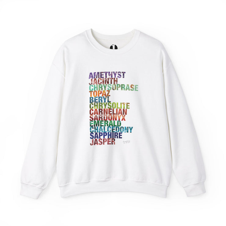 White crewneck sweatshirt with Celestial City Gemstones design based on Revelation 21:19–20