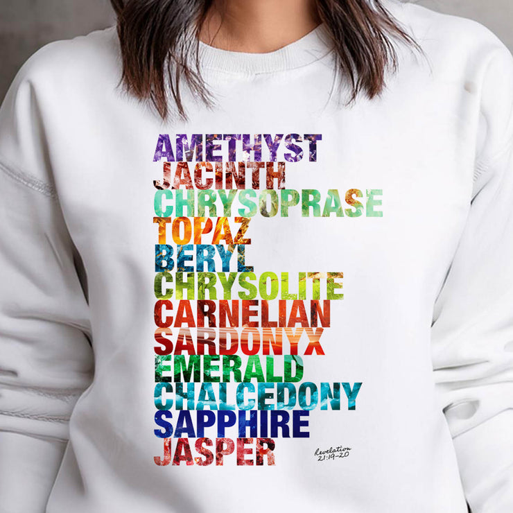 White crewneck sweatshirt with Celestial City Gemstones design based on Revelation 21:19–20