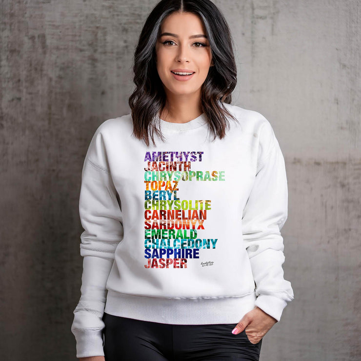White crewneck sweatshirt with Celestial City Gemstones design based on Revelation 21:19–20