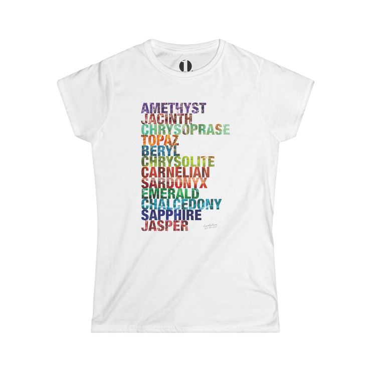 White softstyle t-shirt with Celestial City Gemstones design based on Revelation 21:19–20