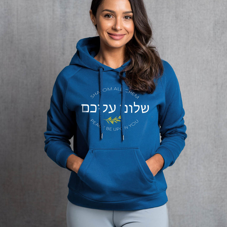 Blue pullover hoodie with Shalom Aleichem oval graphic