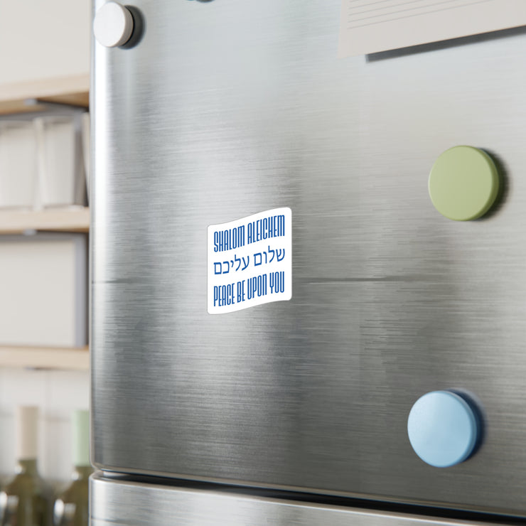 Vinyl decal on refrigerator with Shalom Aleichem graphic based on Israel flag