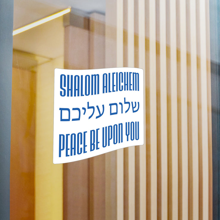 Vinyl decal on window with Shalom Aleichem graphic based on Israel flag