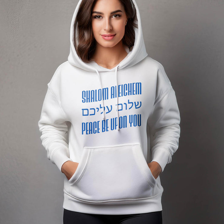 White pullover hoodie with Shalom Aleichem graphic based on Israel flag