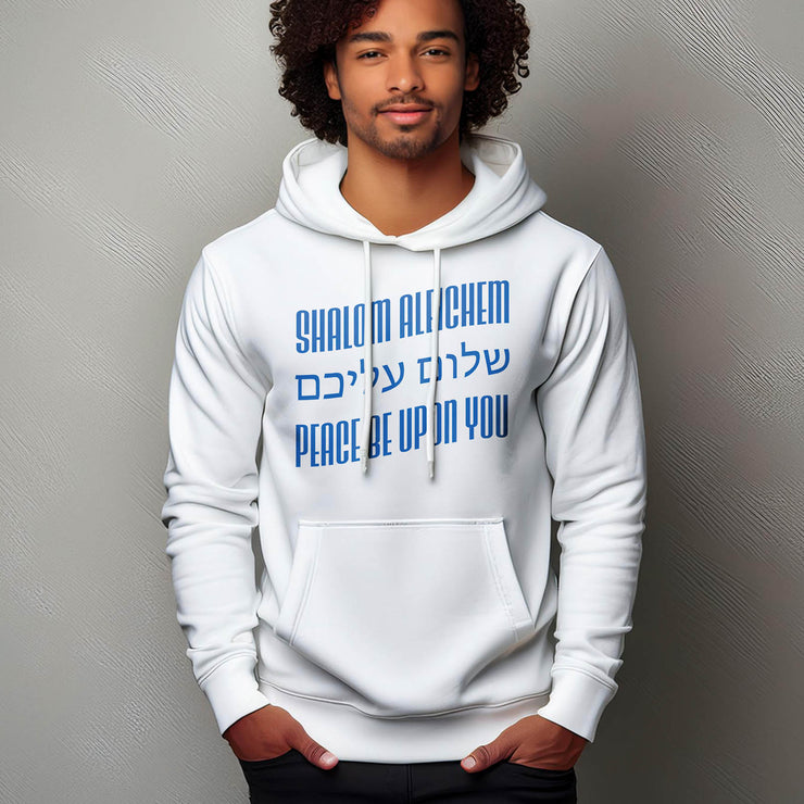 White pullover hoodie with Shalom Aleichem graphic based on Israel flag