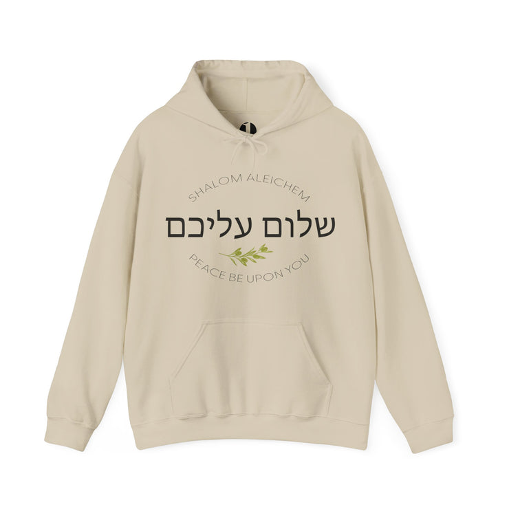 Sand pullover hoodie with Shalom Aleichem oval graphic