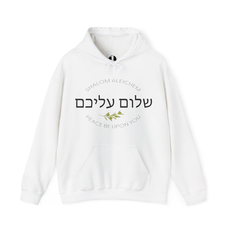 White pullover hoodie with Shalom Aleichem oval graphic