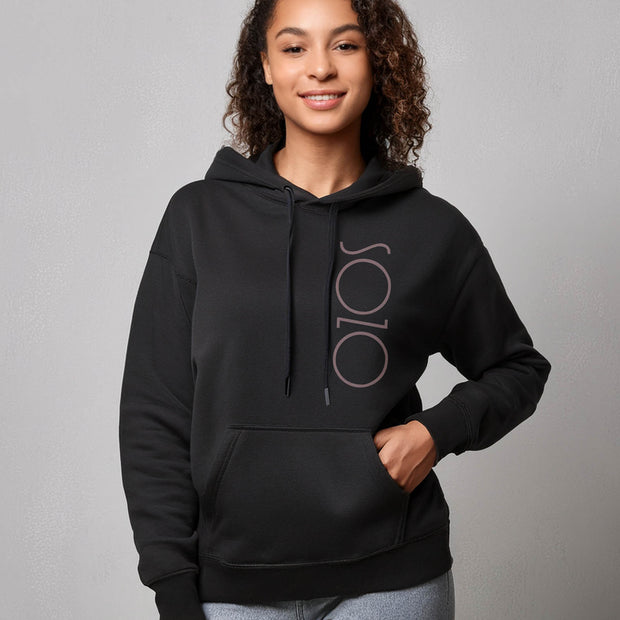Black hoodie with Sozo in gray on woman
