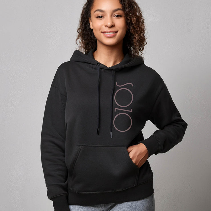 Black hoodie with Sozo in gray on woman