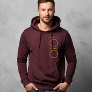 Maroon hoodie with Sozo in maize on man
