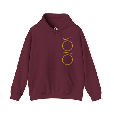 Maroon hoodie with Sozo in maize