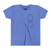 Blue Heather youth T-shirt with Sozo in blue