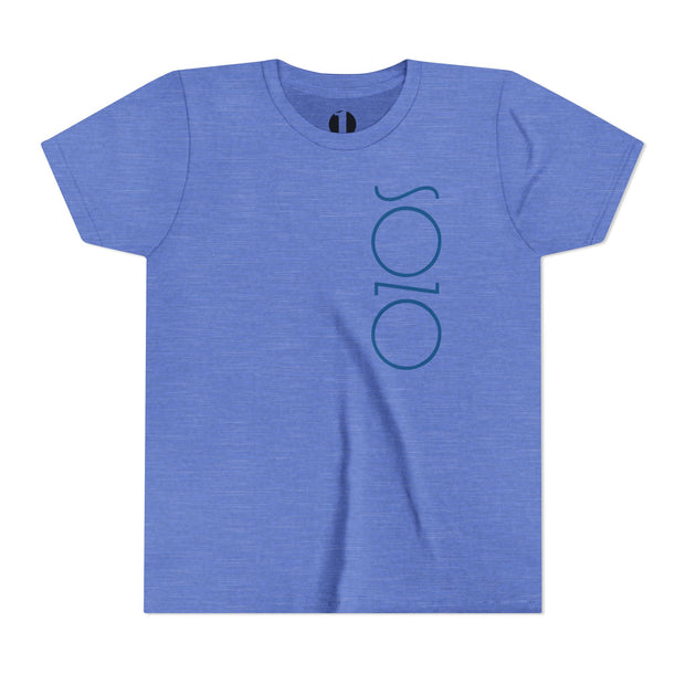 Blue Heather youth T-shirt with Sozo in blue