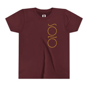Maroon youth T-shirt with Sozo in gold
