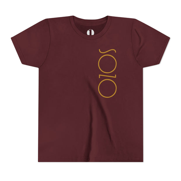 Maroon youth T-shirt with Sozo in gold
