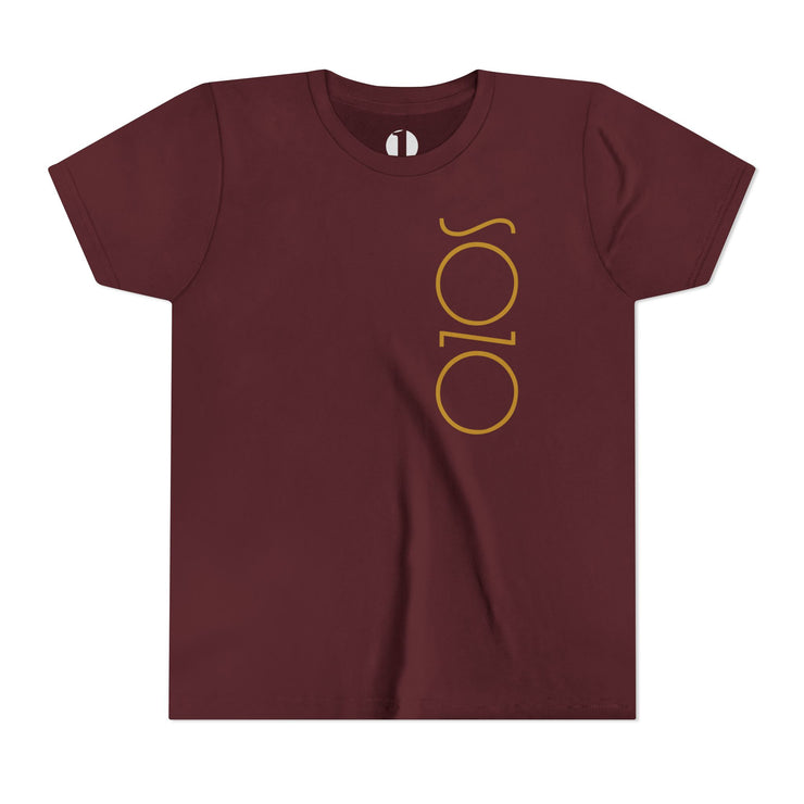 Maroon youth T-shirt with Sozo in gold