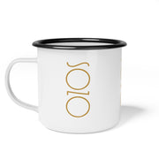 White mug with Sozo design and black rim