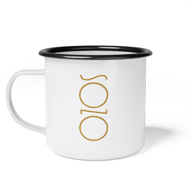 White mug with Sozo design and black rim