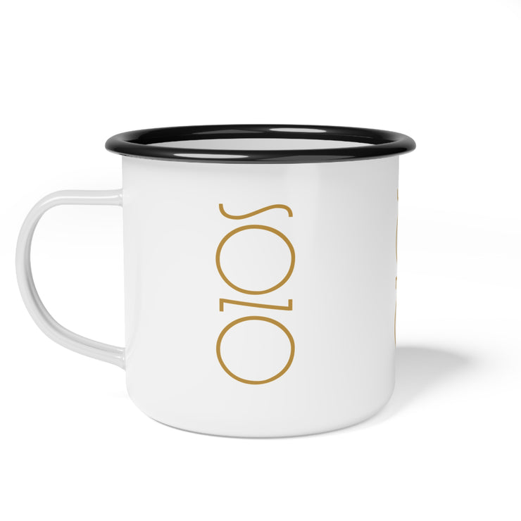 White mug with Sozo design and black rim