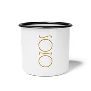 White mug with Sozo design and black rim