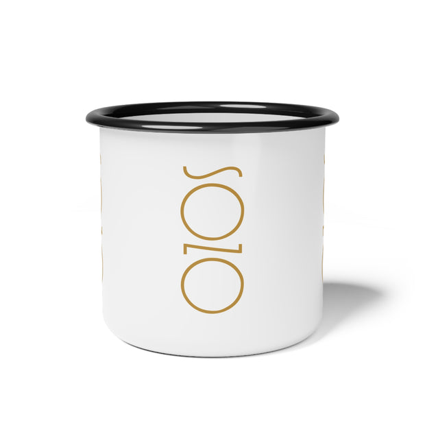 White mug with Sozo design and black rim
