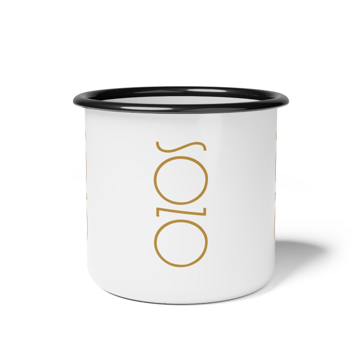 White mug with Sozo design and black rim