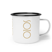 White mug with Sozo design and black rim