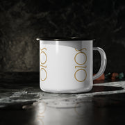 White mug with Sozo design and black rim
