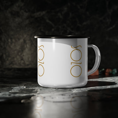 White mug with Sozo design and black rim