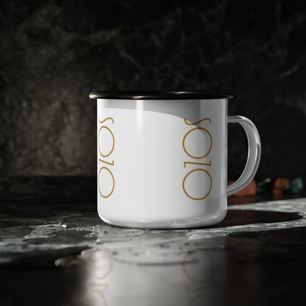White mug with Sozo design and black rim