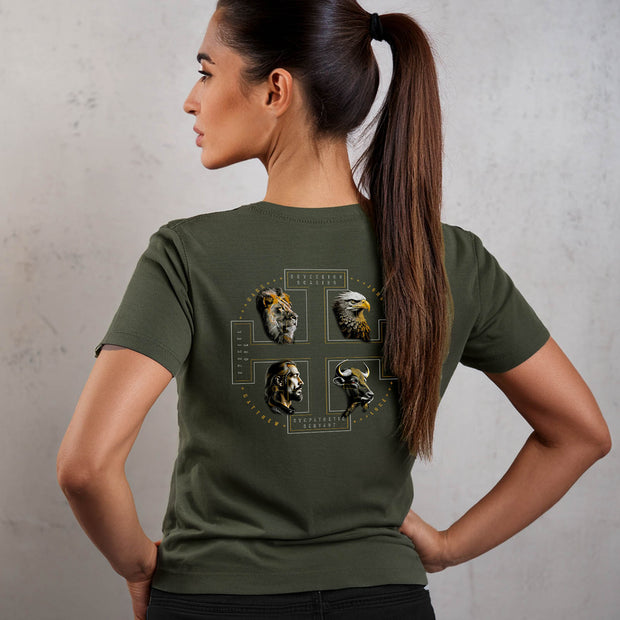 The Four Faces T-shirt in dark olive on female