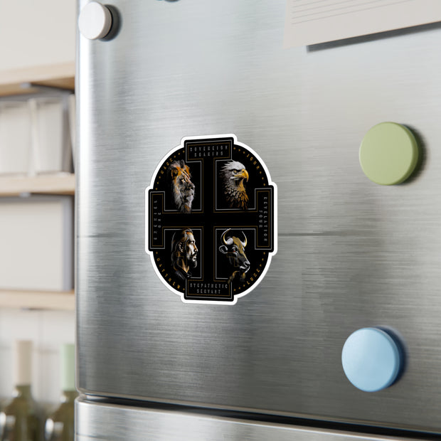 The Four Faces decal on refrigerator