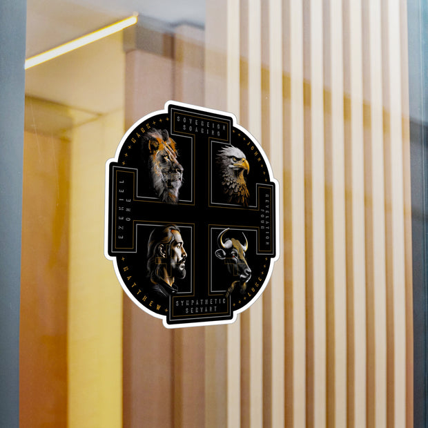 The Four Faces decal on window