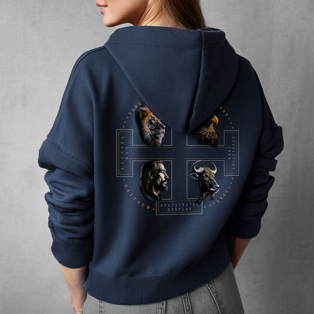 The Four Faces hoodie in navy blue on woman