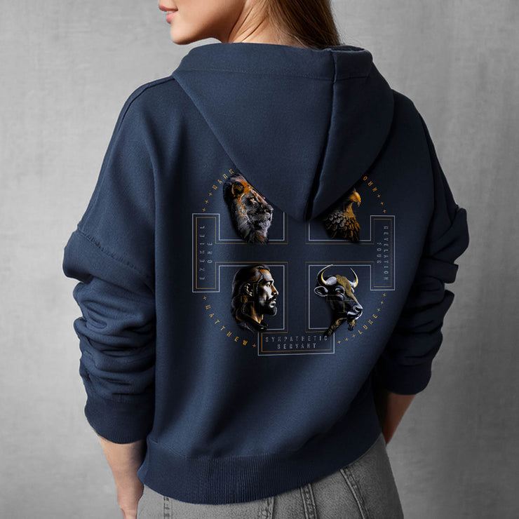 The Four Faces hoodie in navy blue on woman