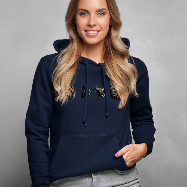 The Four Faces hoodie in navy blue on woman