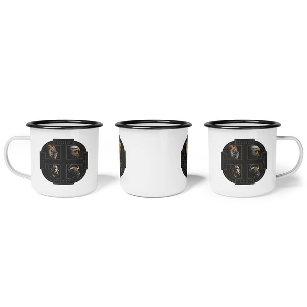 The Four Faces white campsite mug