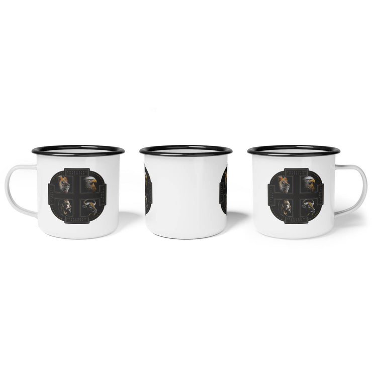The Four Faces white campsite mug