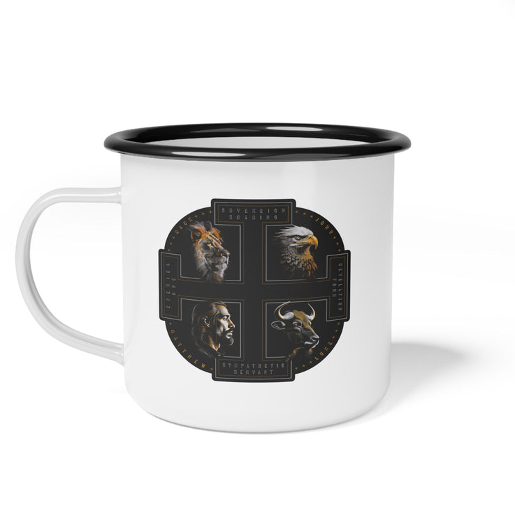 The Four Faces white campsite mug