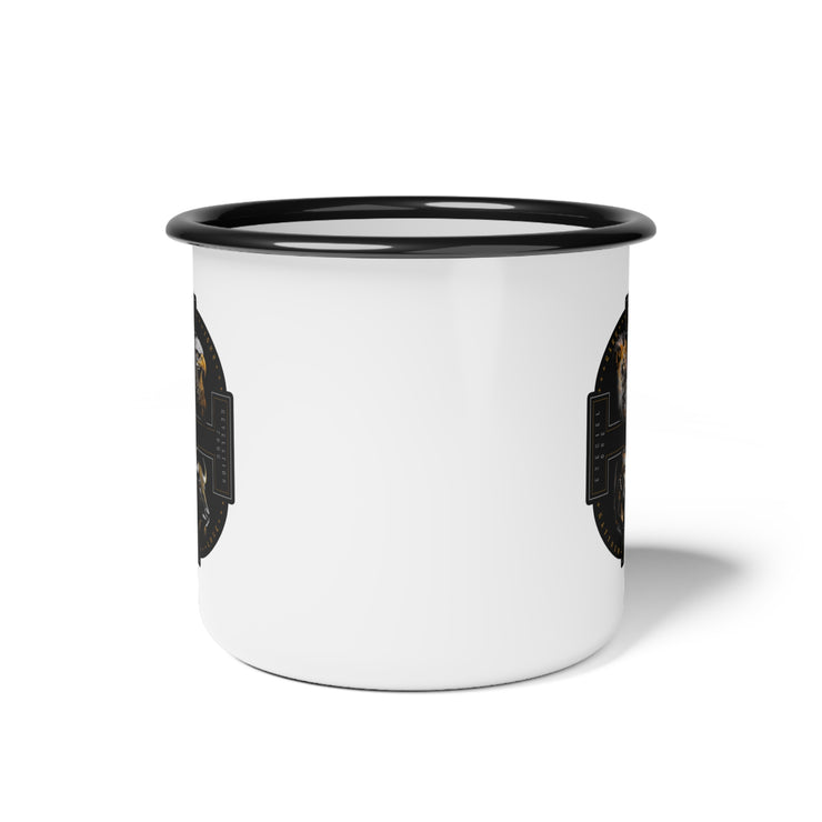 The Four Faces white campsite mug