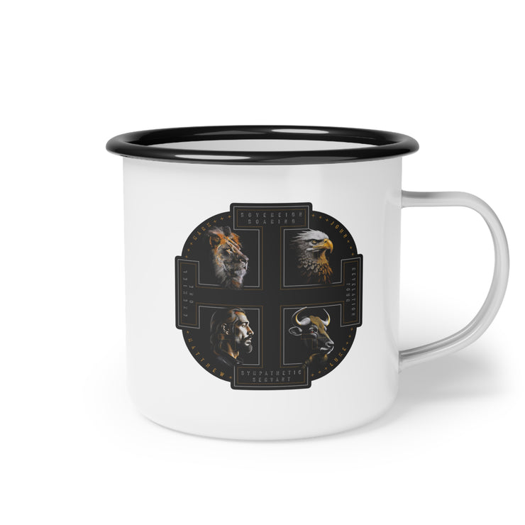 The Four Faces white campsite mug