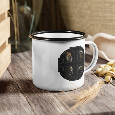 The Four Faces white campsite mug