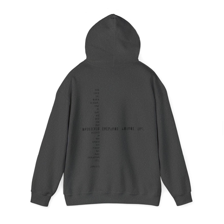 Charcoal gray pullover hoodie with Whosoever Graphic based on John 3:16
